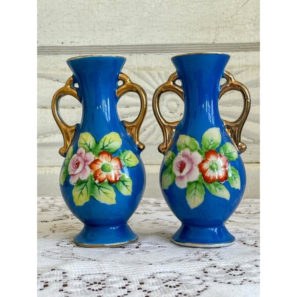 Vintage Pair 1950s Small Hand Painted Blue Flower Vases - Picture 9 of 11